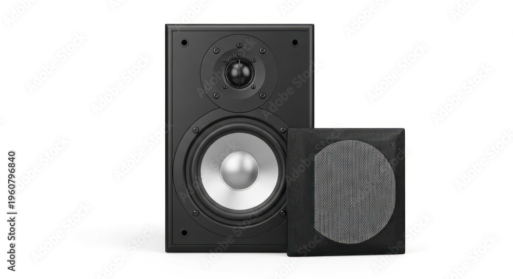 Fototapeta premium Black Audio Speaker with Silver Woofer and Grill Isolated on White