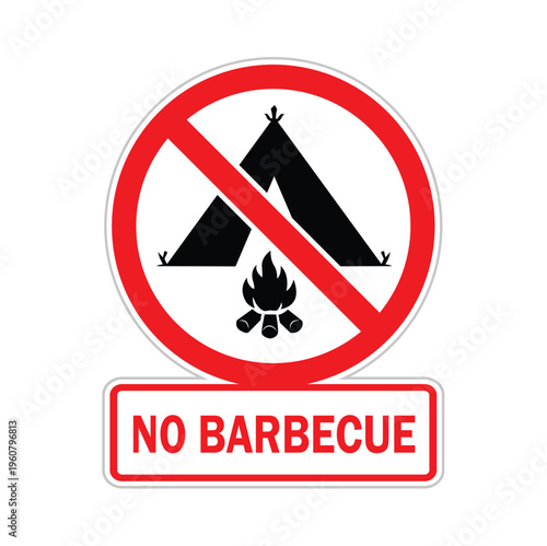 No Barbecue or Camping Sign, Prohibition Symbol for Fire and Tent, Forbidden Activity, Vector, A vector graphic representing a 'No Barbecue' or 'No Camping' sign