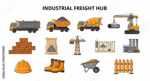 Industrial freight hub logistics icons set.