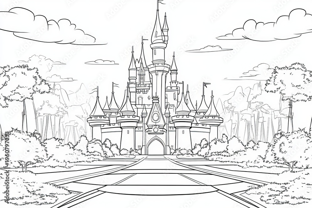Fototapeta premium Majestic Fantasy Castle with Tall Spires, Grand Pathway, and Enchanting Surroundings in Detail