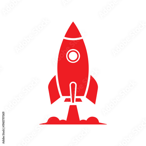 Vibrant red rocket illustration stands ready for liftoff, emitting a large plume of smoke below.