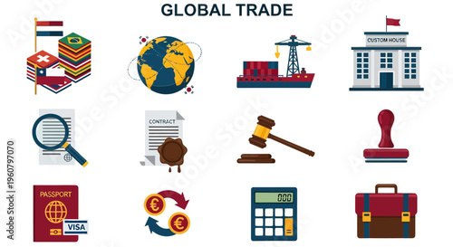 Global trade business finance icons set.