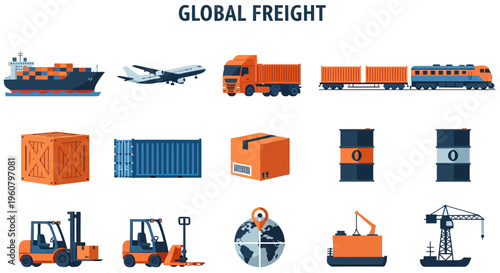 Global freight transportation logistics icons set.