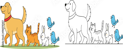Cute cartoon golden retriever dog walking with cat rabbit and blue birds including black and white coloring page version isolated,