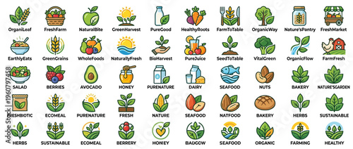 A collection of colorful food and drink icons.