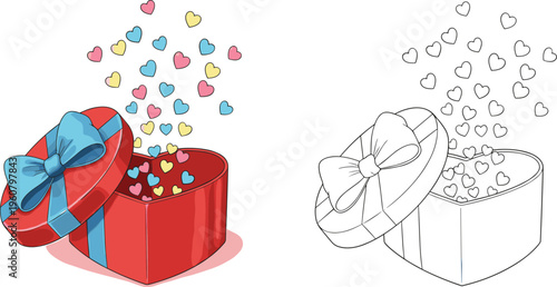  Cute cartoon heart shaped gift box with colorful hearts including a black and white coloring page version isolated white background,