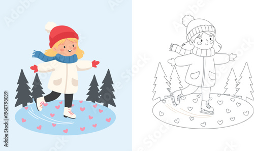  Cute cartoon girl ice skating on frozen pond with hearts including black and white coloring page version isolated white background,