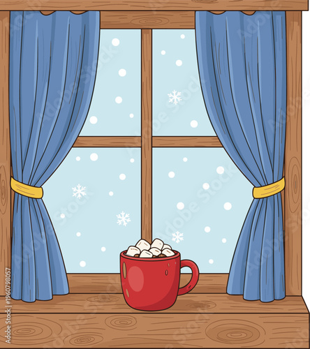  Cozy winter window scene with snow falling outside blue curtains and a red mug of hot cocoa with marshmallows isolated,