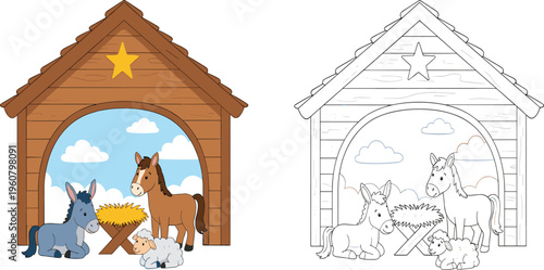 Cute cartoon nativity stable with donkey horse and sheep including a black and white coloring page version isolated white background,