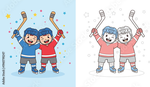  Two cute cartoon boys playing ice hockey with sticks and helmets including black and white coloring page version isolated white,