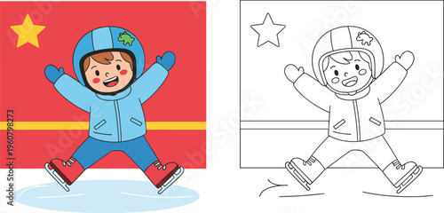  Cute cartoon boy ice skating on rink with helmet including black and white coloring page version isolated on white background,