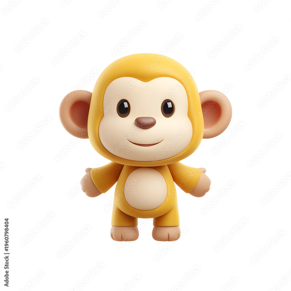 Fototapeta premium Adorable Cute Cartoon Monkey Character Standing in Minimalist 3D Render with Happy Expression for Kids Content