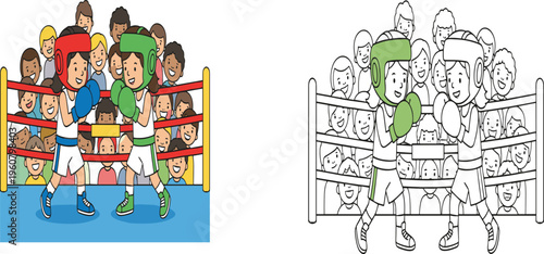  Cute cartoon children boxing in ring with crowd including a black and white coloring page version isolated on white background,