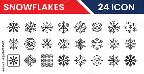 Collection of twenty four unique snowflake icons in black and white