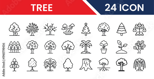 Collection of 24 different tree icons in various styles and shapes