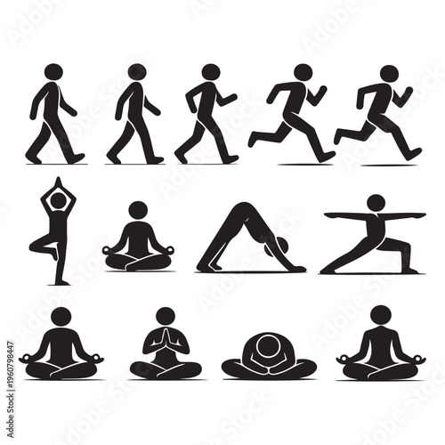 Black Stick Figure Movement Set – Walking, Running, Yoga and Meditation Poses