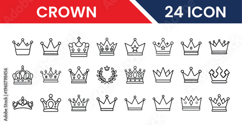 Collection of twenty four different crown icons in various designs
