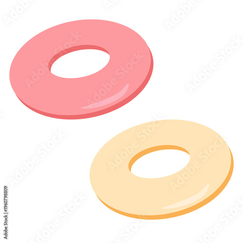Vector illustration of pink and yellow inflatable swimming rings. Summer vacation, pool party, beach safety equipment on white background