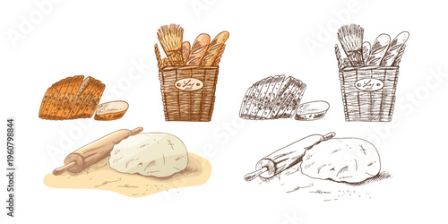 Hand drawn vintage bakery set with color and monochrome bread basket dough and sliced loaf illustration