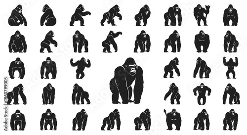 Gorilla Silhouettes Collection: Various Poses and Actions of Apes