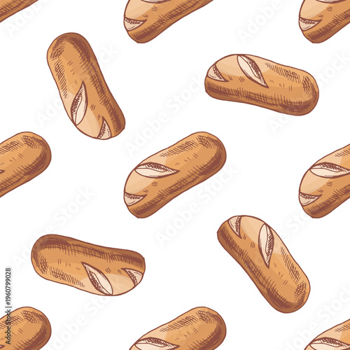 Hand drawn vintage seamless pattern with baguette bread loaf repeating bakery background illustration