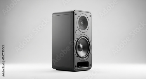 Modern black speaker cabinet with two drivers and bass reflex port, studio shot