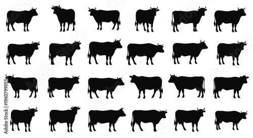 Seamless Pattern of Black Cow Silhouettes on White Background