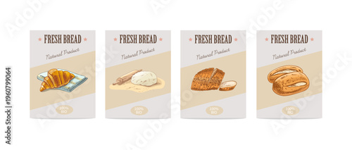 Hand drawn vintage bakery label set with bread croissant dough and buns packaging design templates