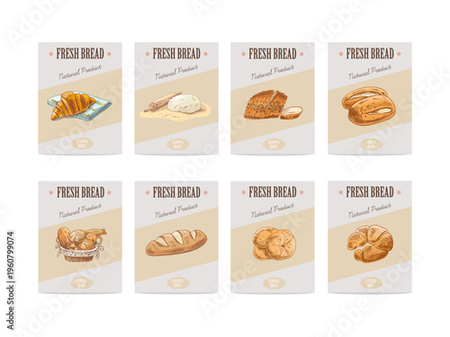Hand drawn vintage bakery label set with bread croissant buns baguette and pastry packaging templates