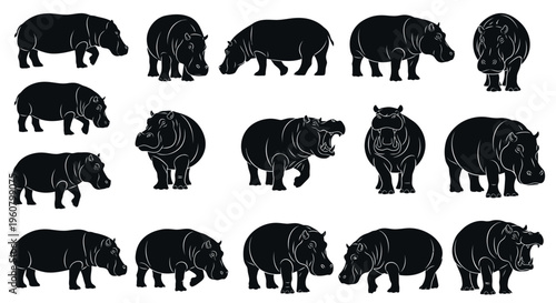 Set of Hippo Silhouettes: Various Poses, Walking, Standing, Open Mouth