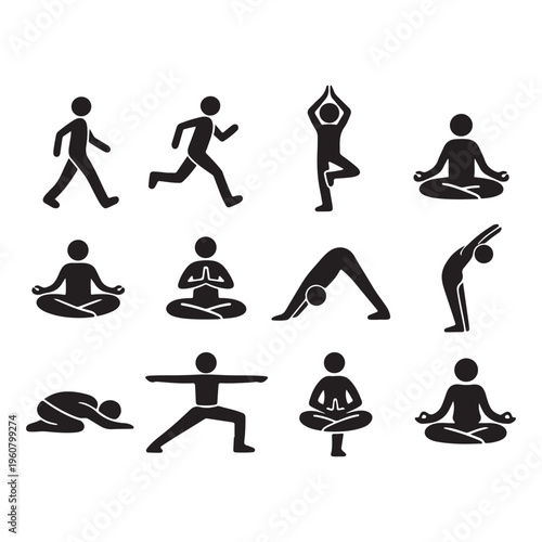 Black Stick Figure Movement Set – Walking, Running, Yoga and Meditation Poses