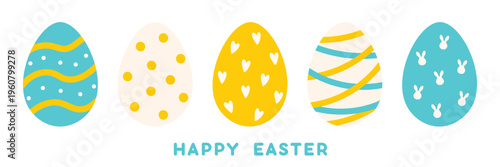 Happy Easter banner with decorative eggs in flat modern style. PNG. Vector