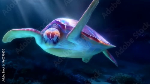 Majestic Sea Turtle Glides Through Deep Blue Ocean Waters.