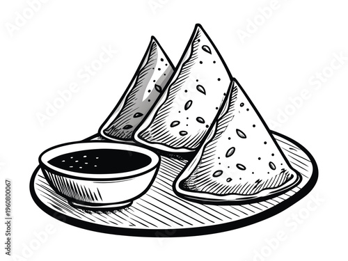 Hand-drawn illustration of delicious samosas and dipping sauce on a plate, black and white sketch