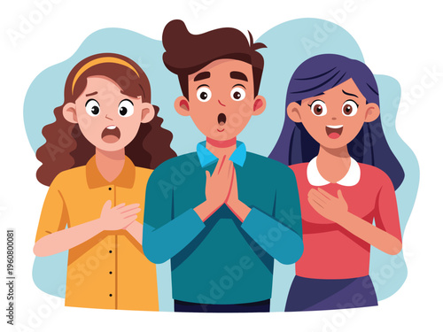 Illustration of three people with surprised or shocked expressions, hands on chest, eyes wide