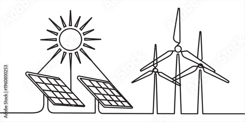 Renewable energy sources, solar panels and wind turbines