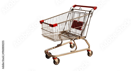 A standard shopping cart with a metal frame and red accents isolated on transparent background
