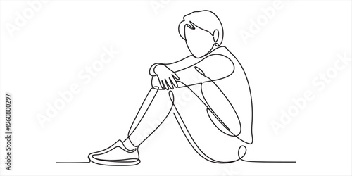 sad young man sitting alone in line art style