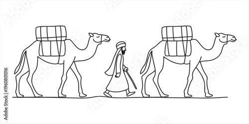 a man walks with two loaded camels in the desert