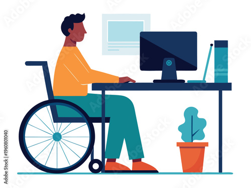 Man in wheelchair working on computer at desk in accessible office space
