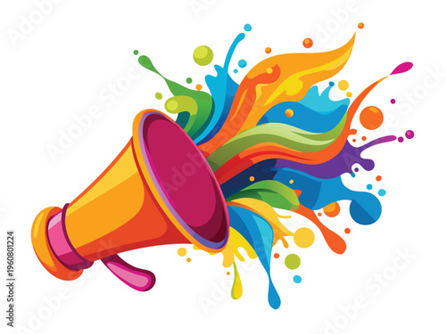 Megaphone with colorful ink splashes and waves bursting from the bell