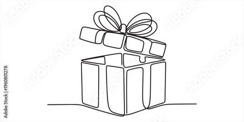 Opened gift box with ribbon bow, simple line drawing