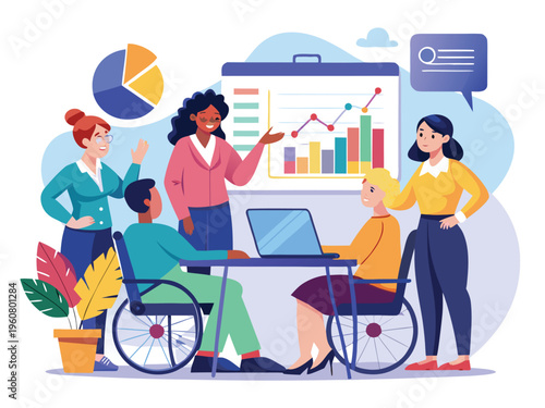 Diverse business team in a meeting, presenting charts and graphs with inclusivity