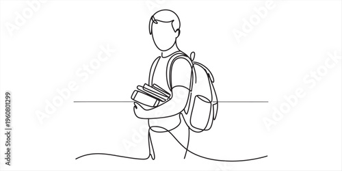 student with backpack and books walking in minimalist line art