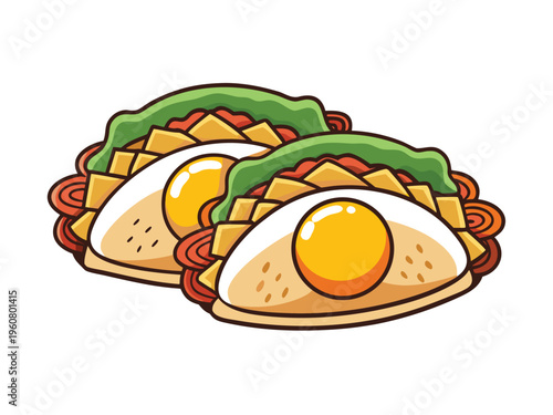 Two cartoon tacos with fried eggs and lettuce, flat illustration, white background, fried egg
