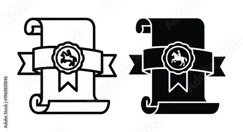 Scroll with wax seal and ribbon icon set, vector illustration of diploma or certificate document