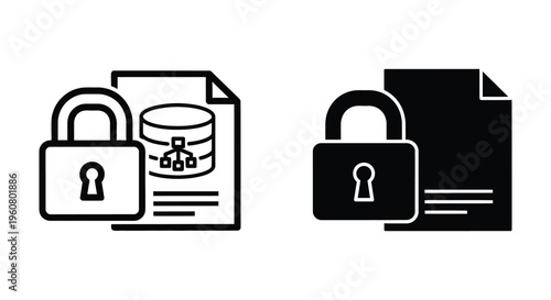 Secure database document icon set, protected data file symbol, encrypted information storage vector illustration