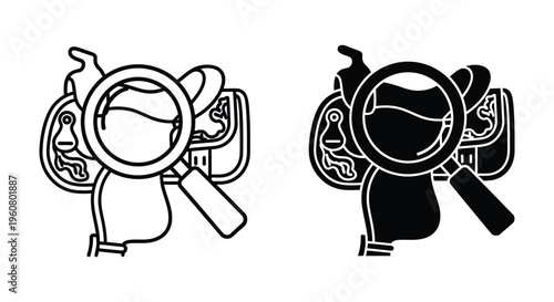 Saddle inspection icon, simple style, vector illustration of a horse saddle with a magnifying glass