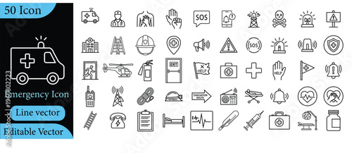 Emergency Line Icons Set – 50 Editable Medical, Rescue, Safety and Alert Outline Vector Icons Isolated on White Background