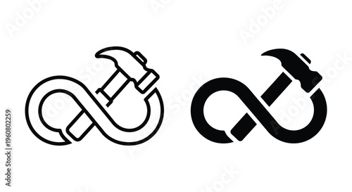 Infinity hammer icon, infinite loop with a hammer tool, concept of continuous improvement and repair